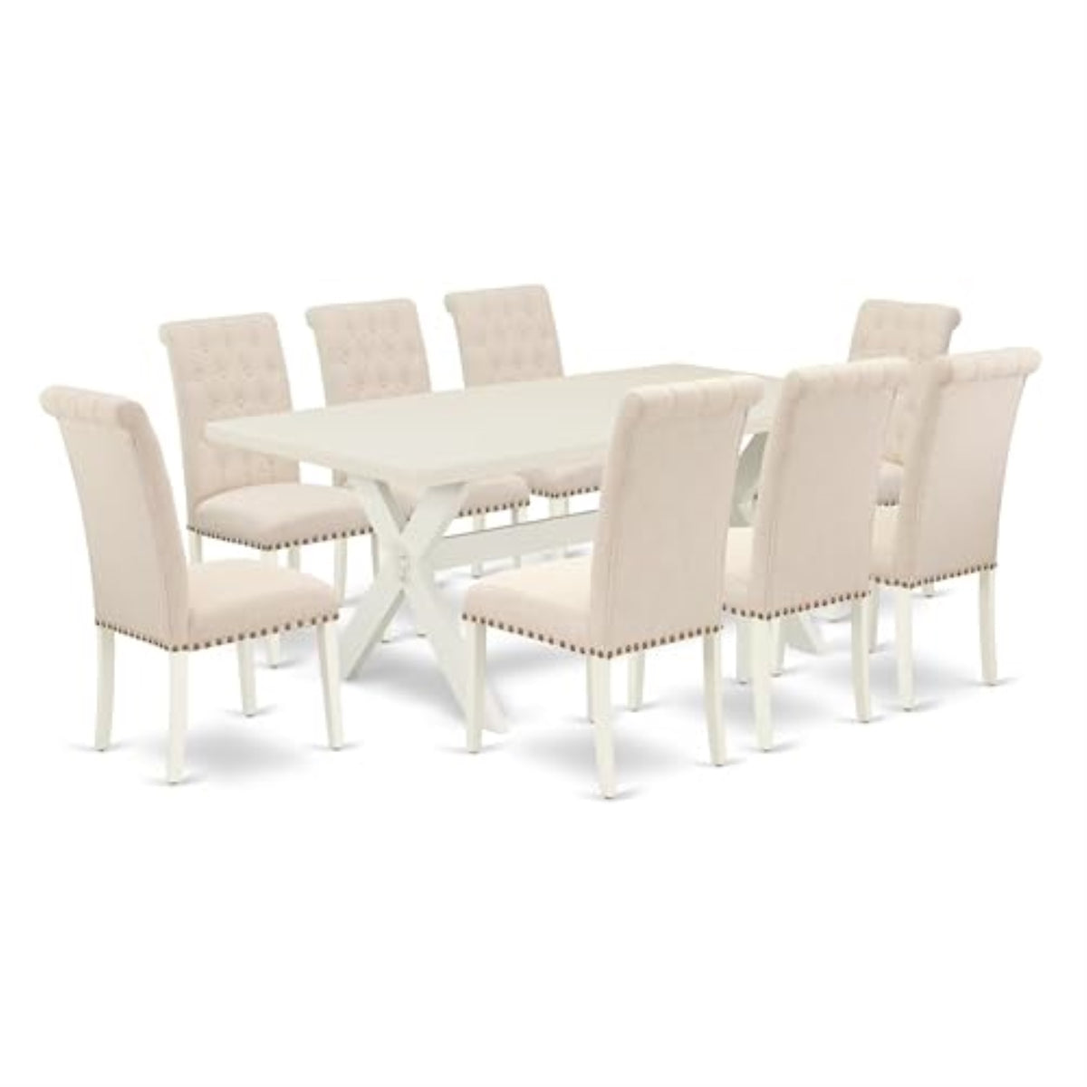 Casafoyer X027Br202-9 9 Piece Dining Room Furniture Set Includes A Rectangle Dining Table With X-Legs And 8 Light Beige Linen Fabric Upholstered Chairs, 40X72 Inch, Multi-Color