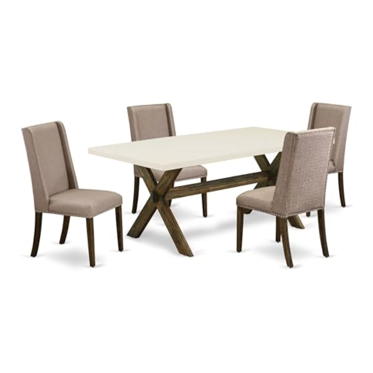 Casafoyer X-Style 5 Piece Set Includes A Rectangle Dining Room Table With X-Legs And 4 Dark Khaki Linen Fabric Upholstered Parson Chairs, 40X72 Inch, Multi-Color