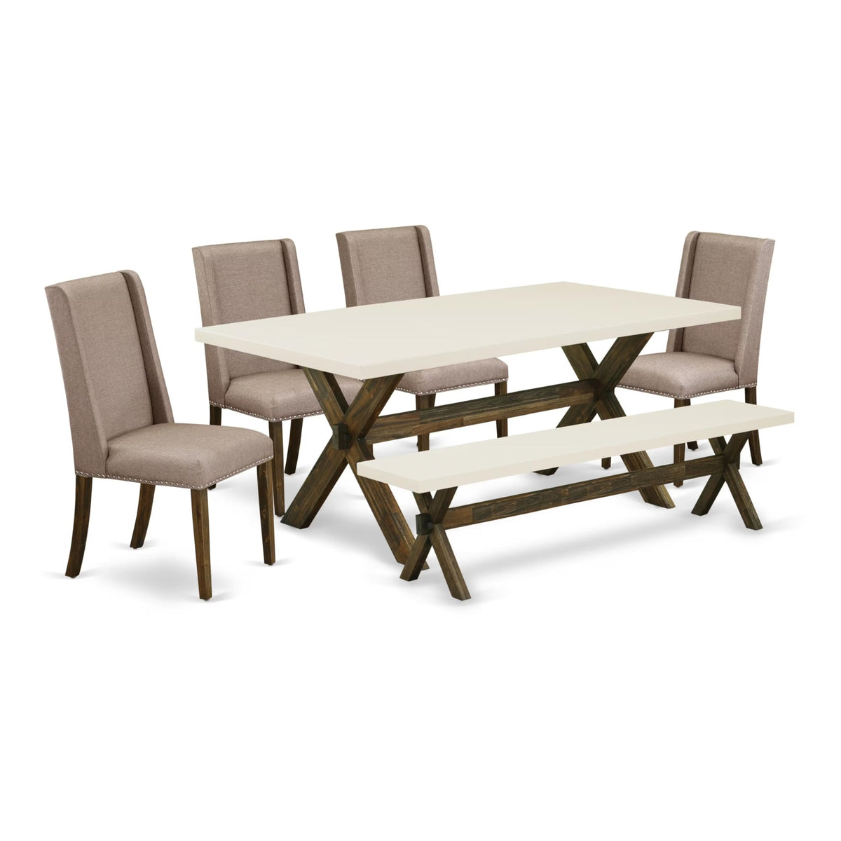 Casafoyer X-Style 6 Piece Set Contains A Rectangle Dining Room Table With X-Legs And 4 Dark Khaki Linen Fabric Parson Chairs With A Bench, 40X72 Inch, Multi-Color