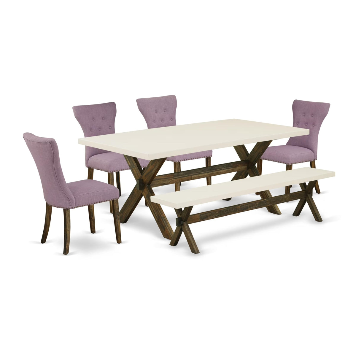 Casafoyer X-Style 6 Piece Set Contains A Rectangle Dining Room Table With X-Legs And 4 Dahlia Linen Fabric Parson Chairs With A Bench, 40X72 Inch, Multi-Color