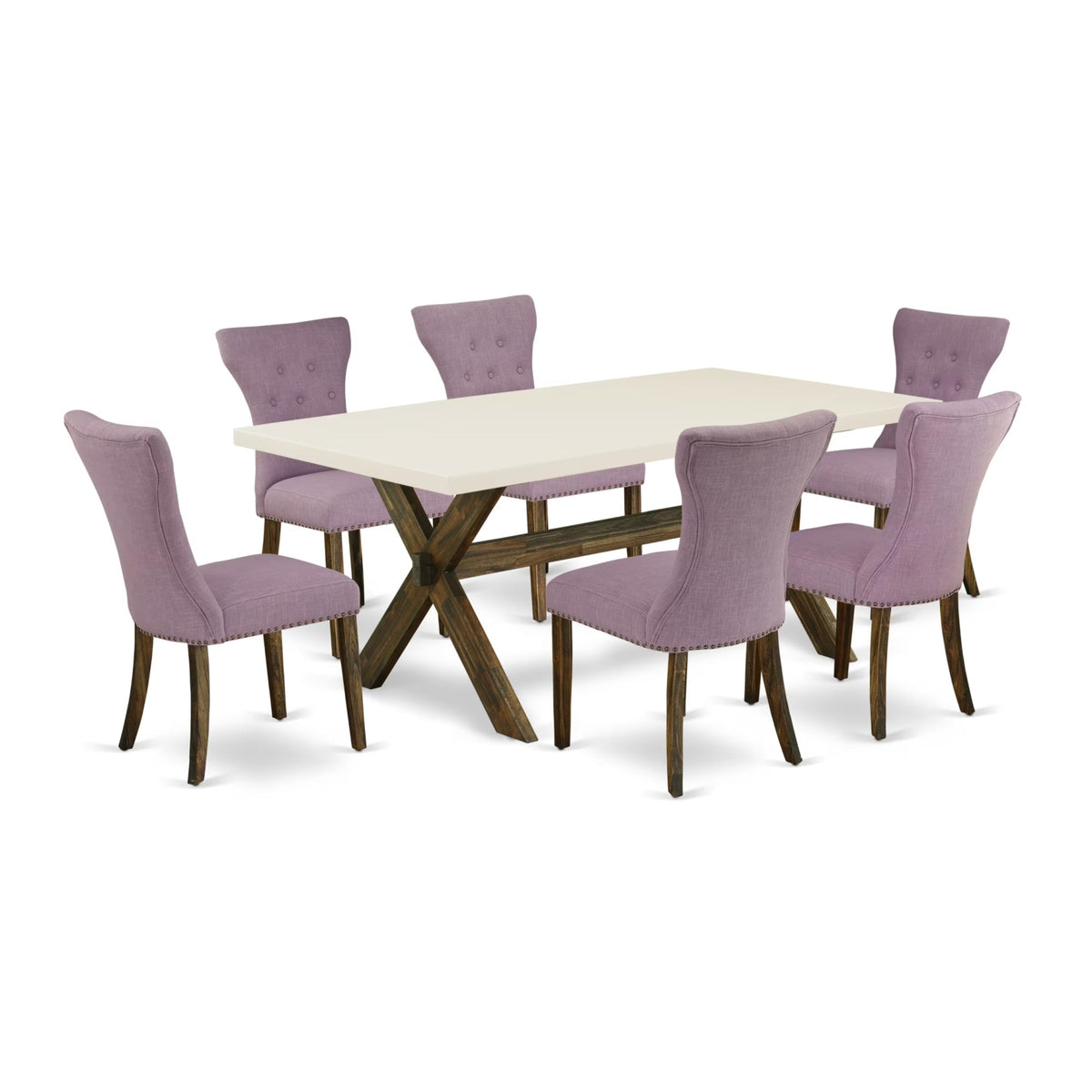 Casafoyer X-Style 7 Piece Kitchen Set Consist Of A Rectangle Table With X-Legs And 6 Dahlia Linen Fabric Parson Dining Room Chairs, 40X72 Inch, Multi-Color