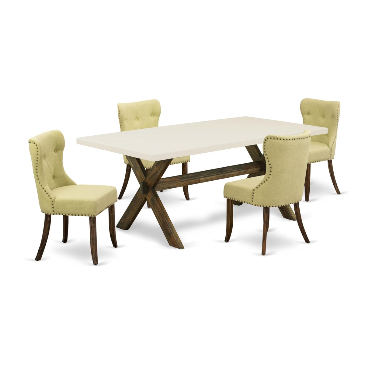 Casafoyer X-Style 5 Piece Modern Set Includes A Rectangle Wooden Table With X-Legs And 4 Limelight Linen Fabric Parson Dining Chairs, 40X72 Inch, Multi-Color