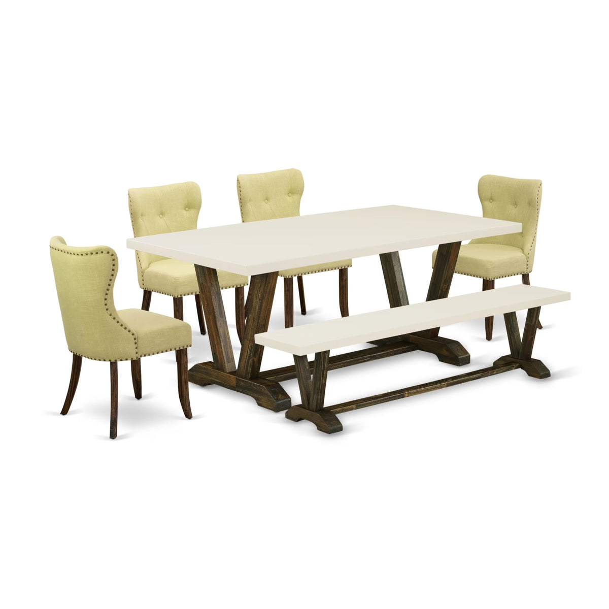 Casafoyer X-Style 6 Piece Set Contains A Rectangle Dining Room Table With X-Legs And 4 Limelight Linen Fabric Parson Chairs With A Bench, 40X72 Inch, Multi-Color