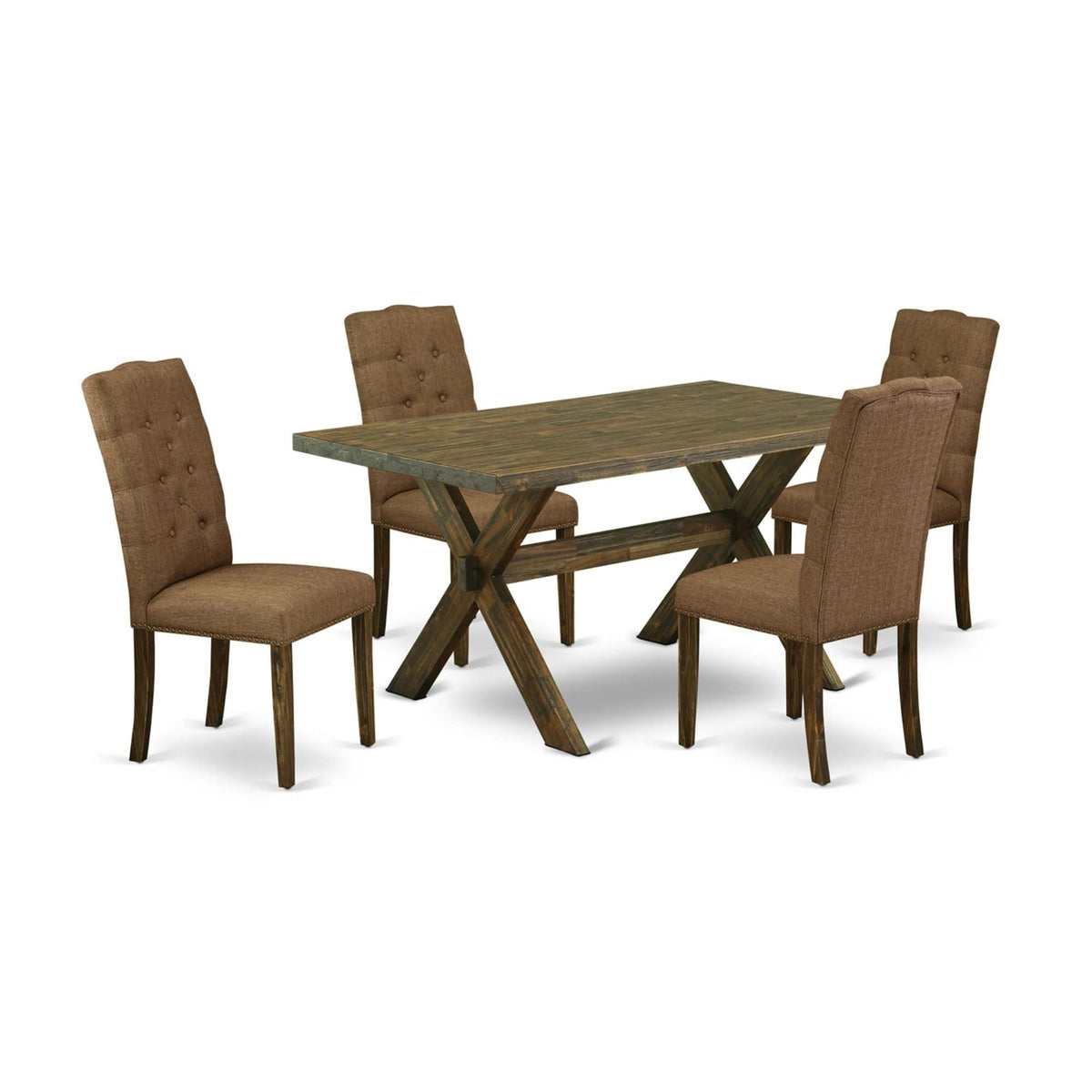 Casafoyer X776El718-5 5 Piece Modern Dining Table Set Includes A Rectangle Wooden Table With X-Legs And 4 Brown Linen Linen Fabric Parson Dining Chairs, 36X60 Inch, Multi-Color