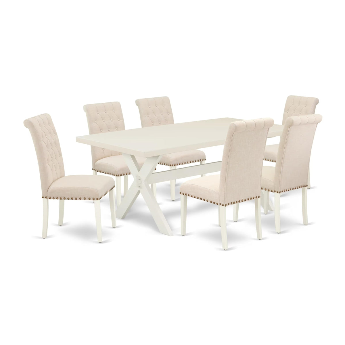 Casafoyer X027Br202-7 7 Piece Kitchen Table Set Consist Of A Rectangle Dining Table With X-Legs And 6 Light Beige Linen Fabric Parson Dining Chairs, 40X72 Inch, Multi-Color