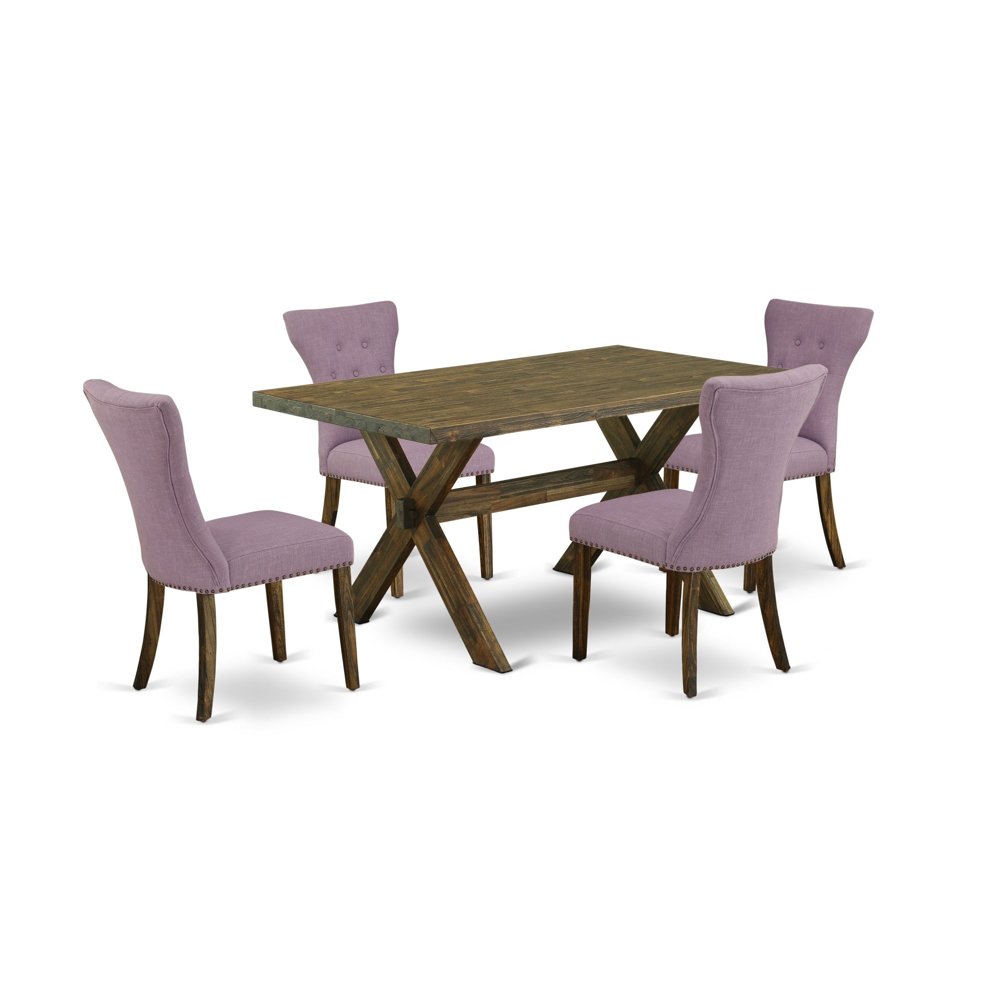 East West Furniture 5-Pc Modern Dining Table Set Included 4 Kitchen Dining Chairs Upholstered Seat And High Button Tufted Chair Back And Rectangular Dining Room Table With Distressed Jacobean Rectangular Dining Table Top - Distressed Jacobean Finish