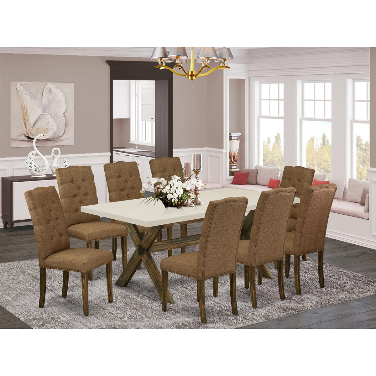 Casafoyer X727El718-9 9-Pc Rectangular Dining Table Set  Dining Room Table Rectangular Top - 8 Parson Chairs Linen Fabric Seat And Back (Linen White & Distressed Espresso Finish)