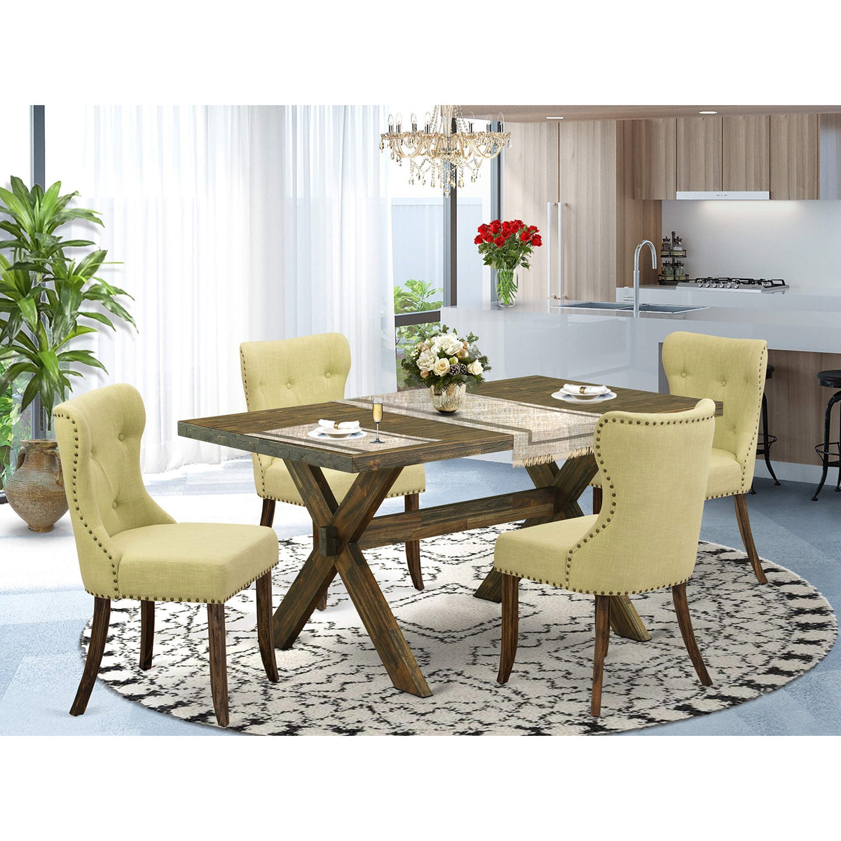 Casafoyer X776Si737-5 5 Piece Dining Room Table Set Includes A Rectangle Kitchen Table With X-Legs And 4 Limelight Linen Fabric Parsons Dining Chairs, 36X60 Inch, Multi-Color