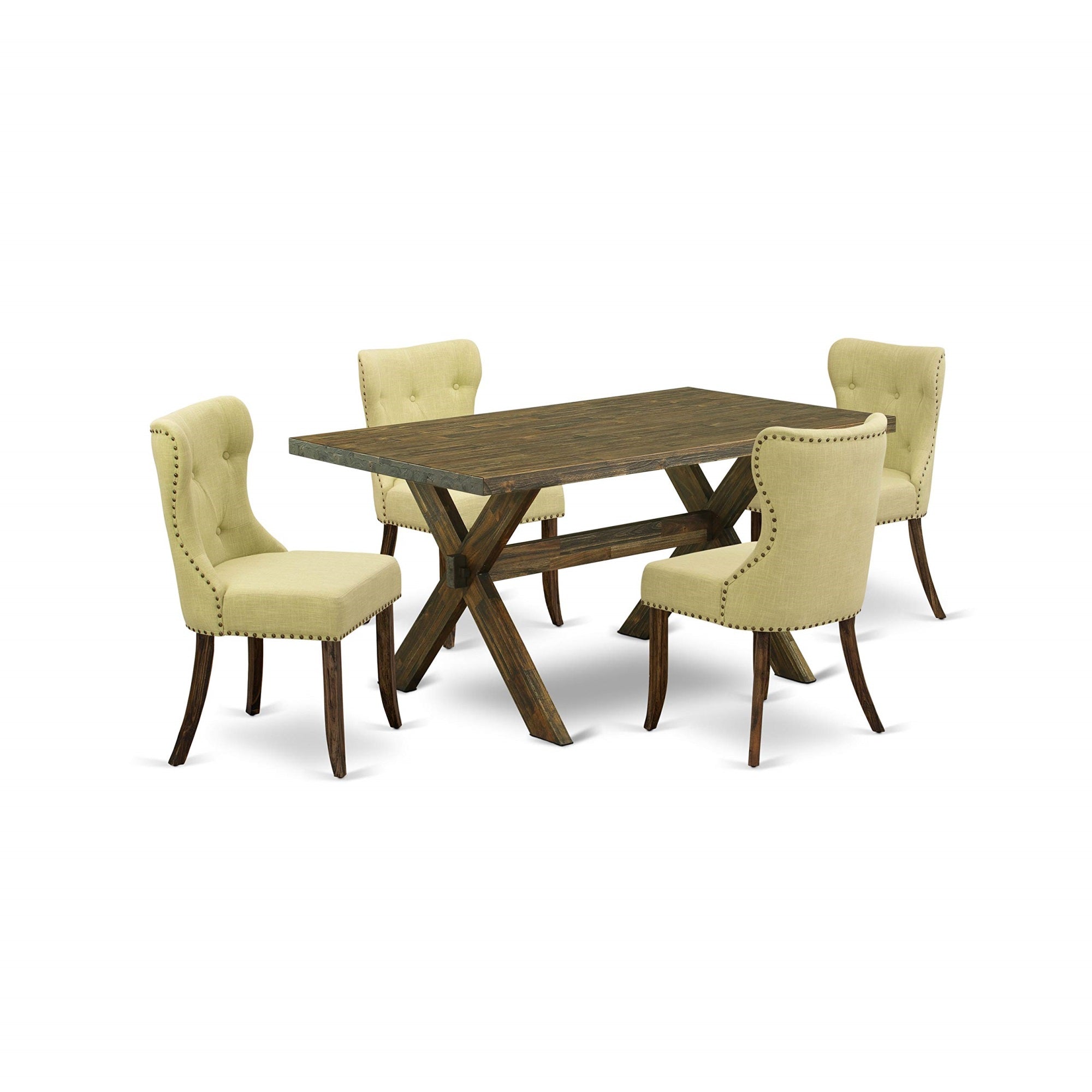 East West Furniture X776Si737-5 5 Piece Dining Room Table Set Includes A Rectangle Kitchen Table With X-Legs And 4 Limelight Linen Fabric Parsons Dining Chairs, 36X60 Inch, Multi-Color