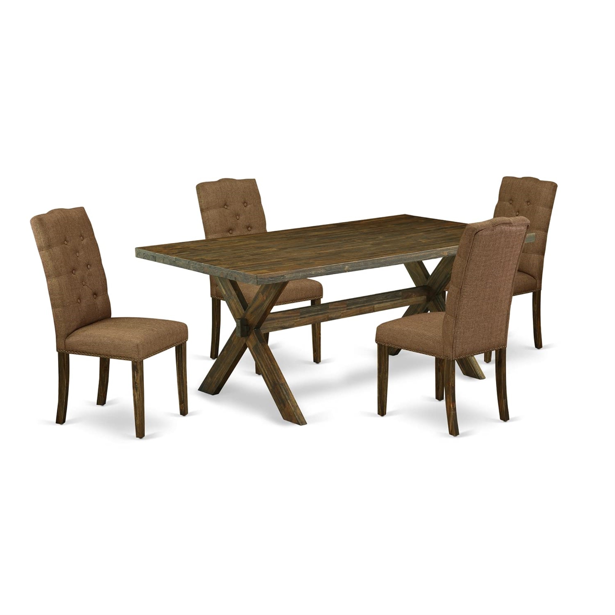 Ergode X777El718-5, 5-Piece Kitchen Dinette Set, Distressed Jacobean Hardwood Table, 4 Brown Beige Linen Fabric Parson Chairs, Sturdy & Easy-To-Assemble, Ideal For Home Parties, 40X72 Inch