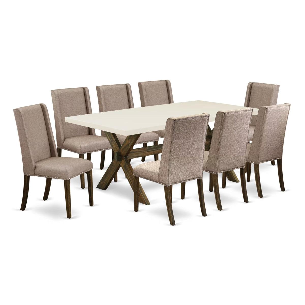 Casafoyer X-Style 9 Piece Modern Set Includes A Rectangle Wooden Table With X-Legs And 8 Dark Khaki Linen Fabric Parsons Dining Chairs, 40X72 Inch, Multi-Color