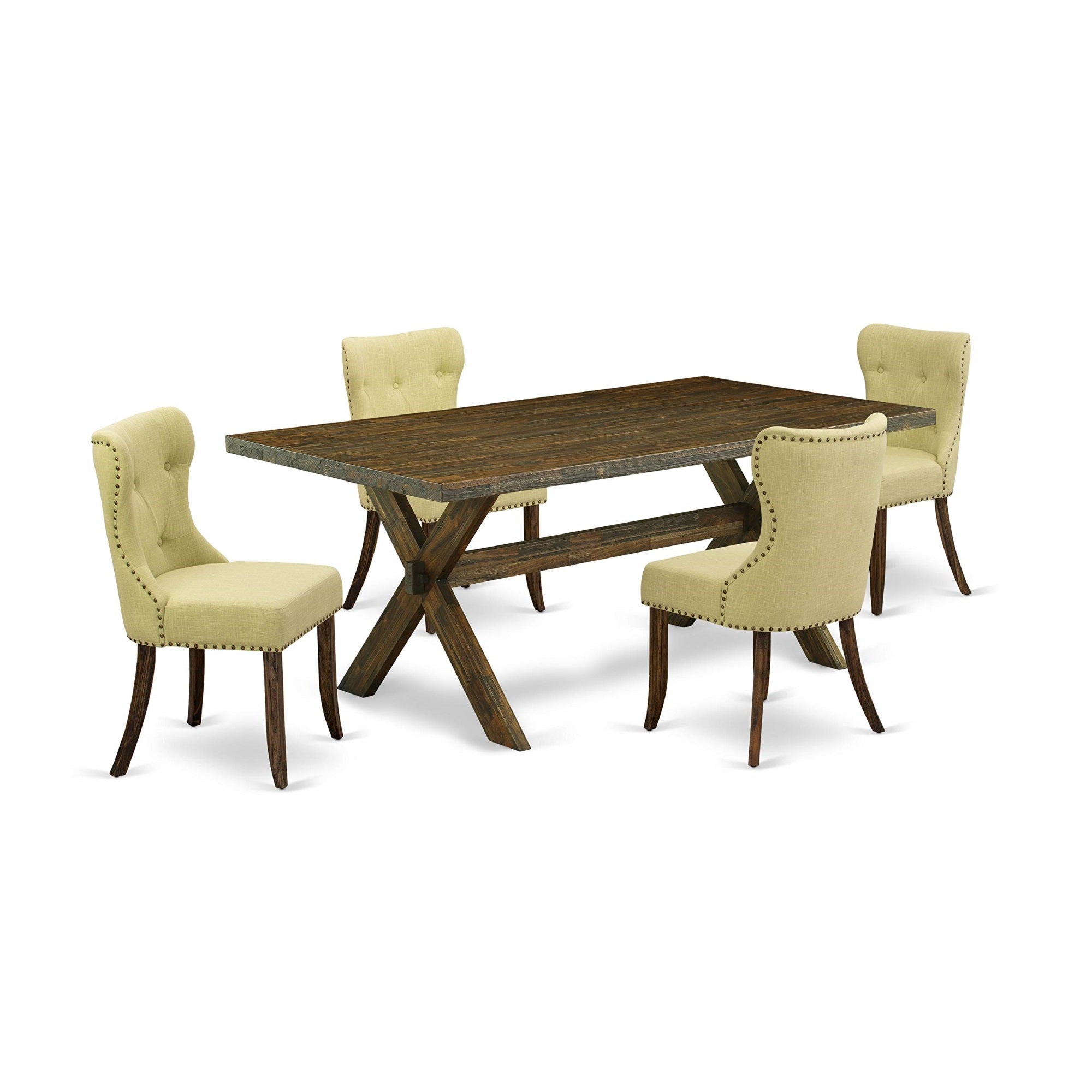 Ergode X777Si737-5, 5-Piece Modern Dining Set, Rectangular Table With X-Legs, 4 Linen Fabric Parson Chairs, Distressed Jacobean Finish, Easy Assembly, High-Quality Materials, 40X72 Inch, Multi-Color
