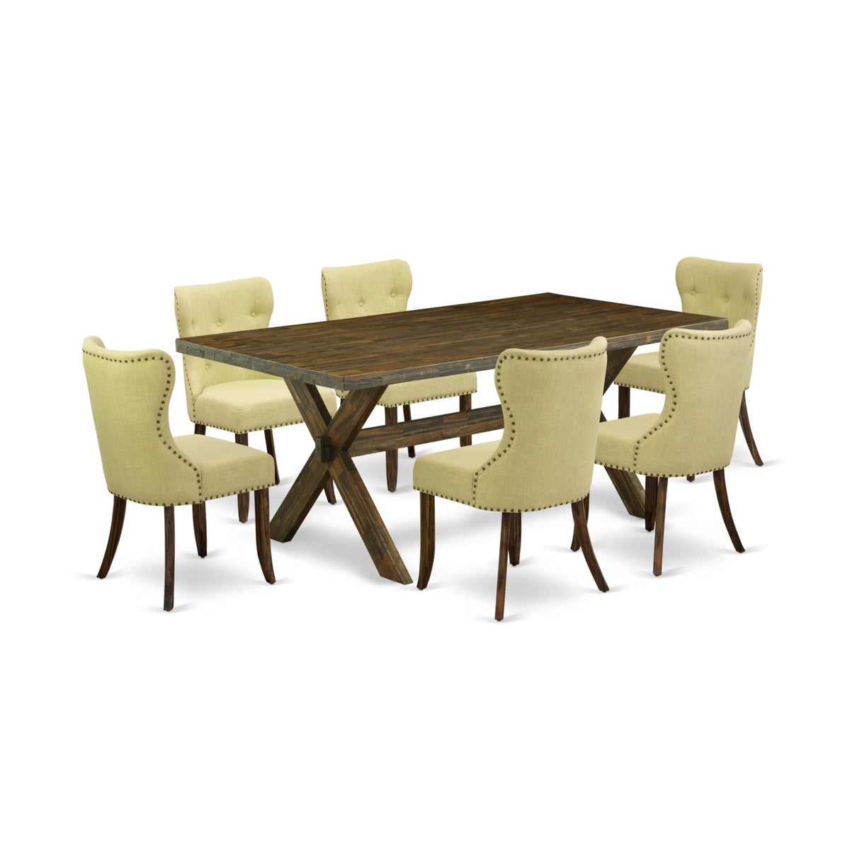 Casafoyer X777Si737-7 7 Piece Modern Dining Table Set Consist Of A Rectangle Wooden Table With X-Legs And 6 Limelight Linen Fabric Upholstered Chairs, 40X72 Inch, Multi-Color