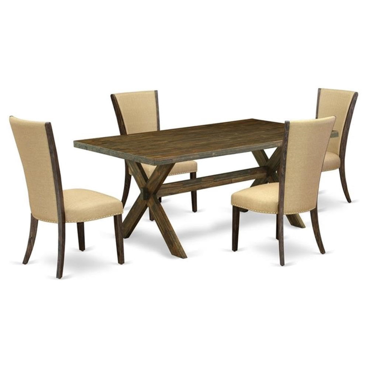 Casafoyer X777Ve703-5 5 Piece Dining Set Includes A Rectangle Dining Room Table With X-Legs And 4 Brown Linen Fabric Upholstered Parson Chairs, 40X72 Inch, Multi-Color