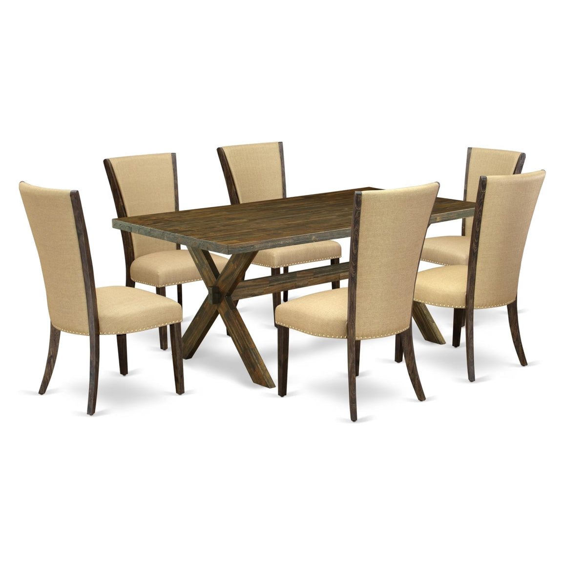 Casafoyer X777Ve703-7 7 Piece Dinette Set Consist Of A Rectangle Dining Room Table With X-Legs And 6 Brown Linen Fabric Upholstered Parson Chairs, 40X72 Inch, Multi-Color