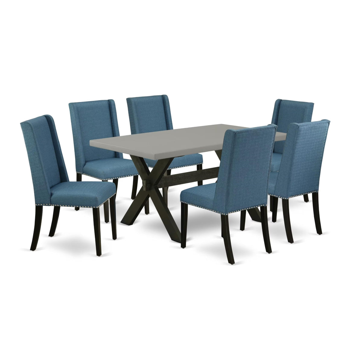 Casafoyer X696Fl121-7 7 Piece Modern Set Consist Of A Rectangle Dining Room Table With X-Legs And 6 Blue Linen Fabric Upholstered Chairs, 36X60 Inch, Multi-Color