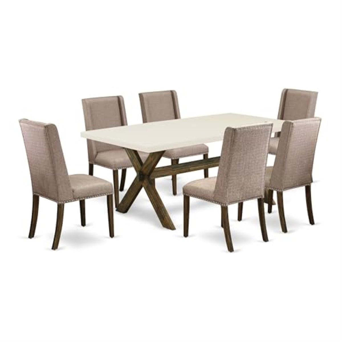 Casafoyer X727Fl716-7 7 Piece Dining Set Consist Of A Rectangle Dining Room Table With X-Legs And 6 Dark Khaki Linen Fabric Upholstered Parson Chairs, 40X72 Inch, Multi-Color