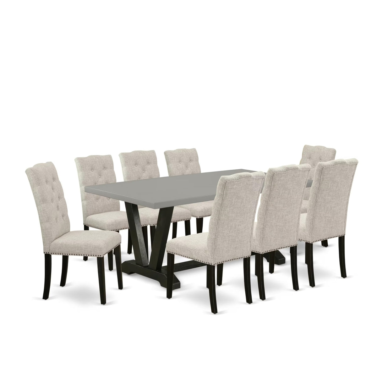 Casafoyer V-Style 9 Piece Set Includes A Rectangle Dining Room Table With V-Legs And 8 Doeskin Linen Fabric Upholstered Parson Chairs, 40X72 Inch, V697El635-9