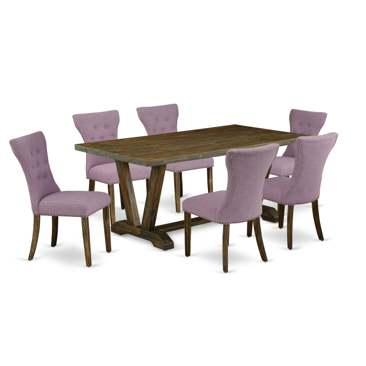 Casafoyer V777Ga740-7 7 Piece Dining Room Furniture Set Consist Of A Rectangle Dining Table With V-Legs And 6 Dahlia Linen Fabric Upholstered Chairs, 40X72 Inch, Multi-Color