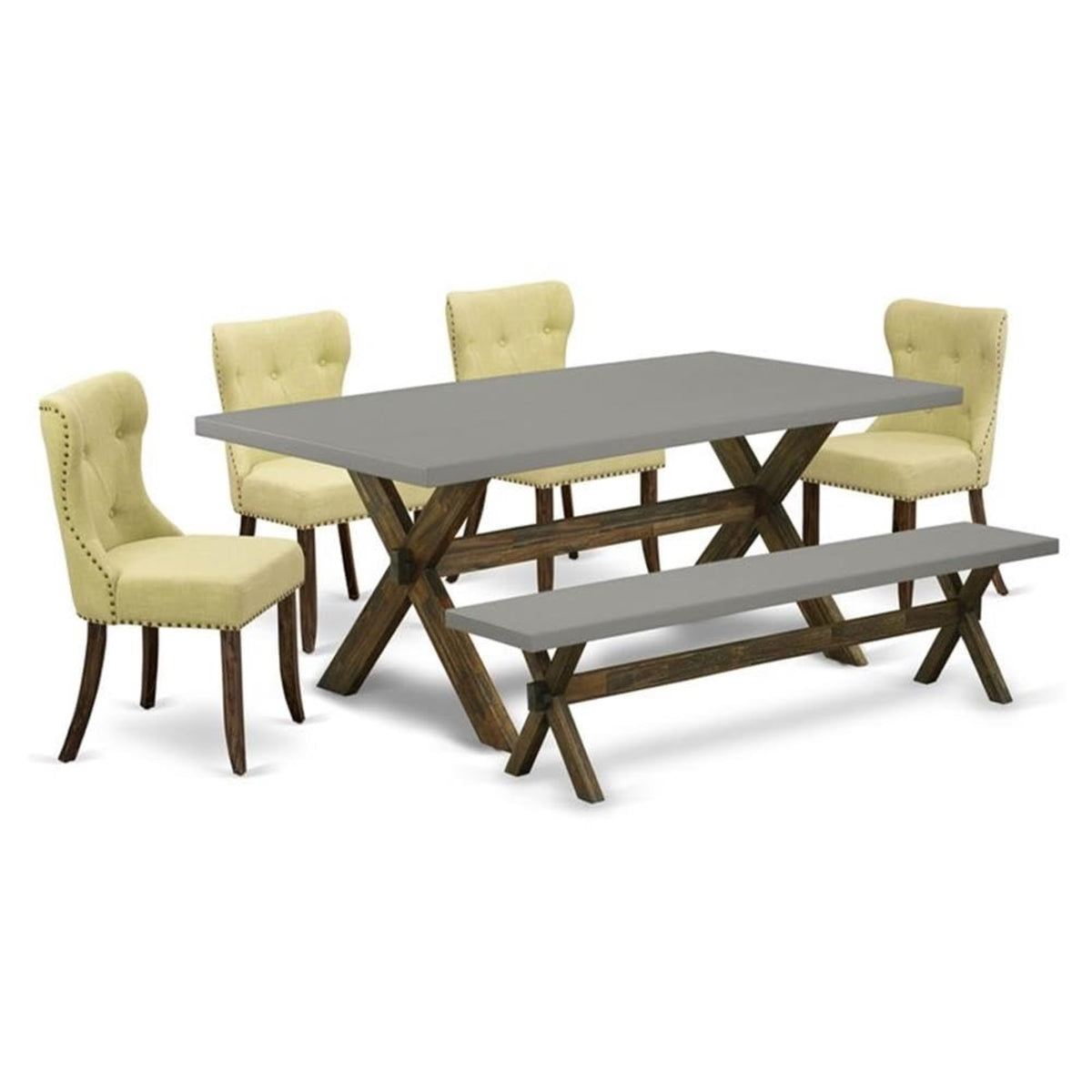 Casafoyer X-Style 6 Piece Dining Set Contains A Rectangle Kitchen Table With X-Legs And 4 Limelight Linen Fabric Upholstered Chairs With A Bench, 40X72 Inch, Multi-Color