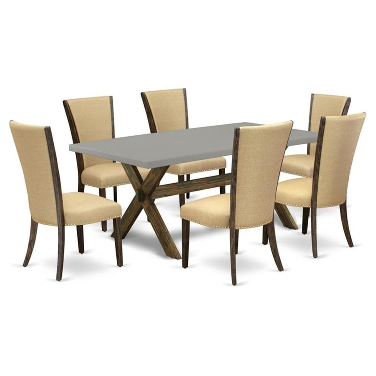 Casafoyer X-Style 7 Piece Set Consist Of A Rectangle Dining Room Table With X-Legs And 6 Brown Linen Fabric Upholstered Parson Chairs, 40X72 Inch, X797Ve703-7