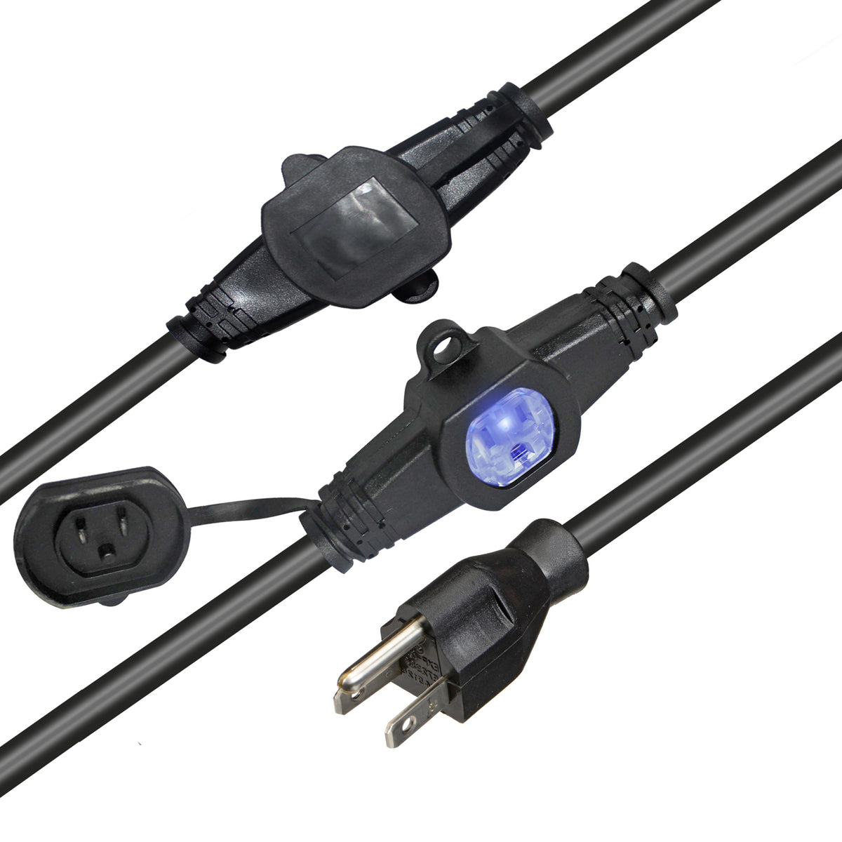 32 Ft. 120Vac Nema 15 Male To 6 Socket Female Power-Extension Cord 12-3 Awg Black