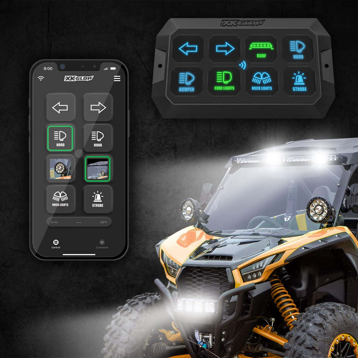 Xkcommand Bluetooth Rgb Universal Switch Panel Switch Pack Universal Circuit Control Relay System Box With Automatic Dimmable On-Off Led Switch Pod Touch Switch Box For Car Pickup Truck Boat Atv Suv