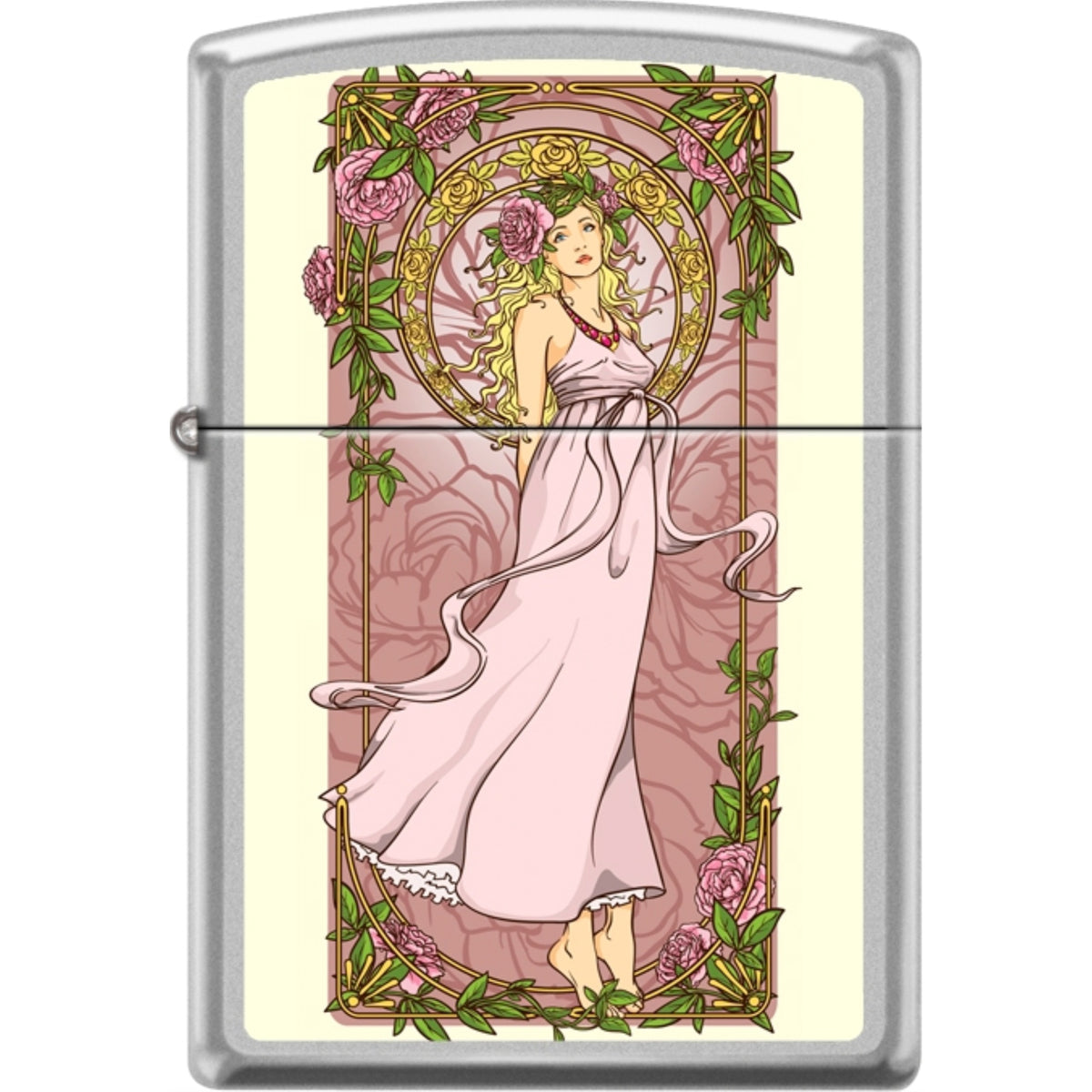 205Ci018412 - Zippo Procut Satin Chrome Nouveau Woman Pink Floral