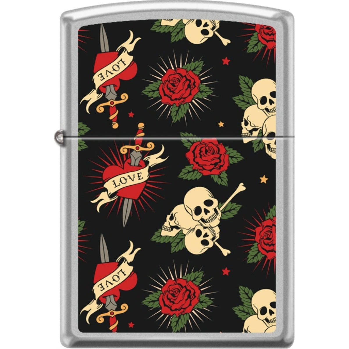 205Ci018416 - Zippo Procut Satin Chrome Roses Hearts Skulls