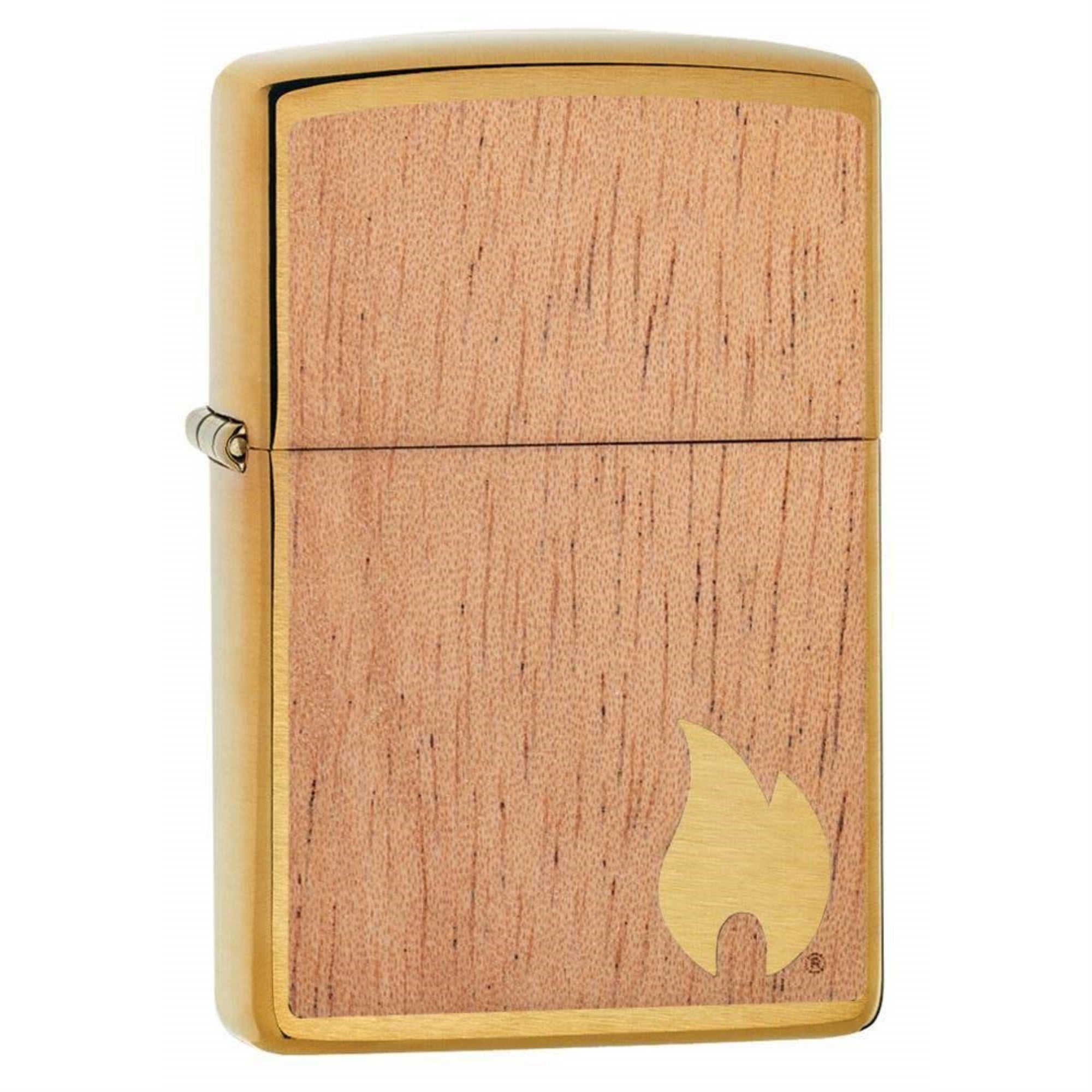 Zippo Flame On Wood Brushed Brass W/ Mahogany Emblem