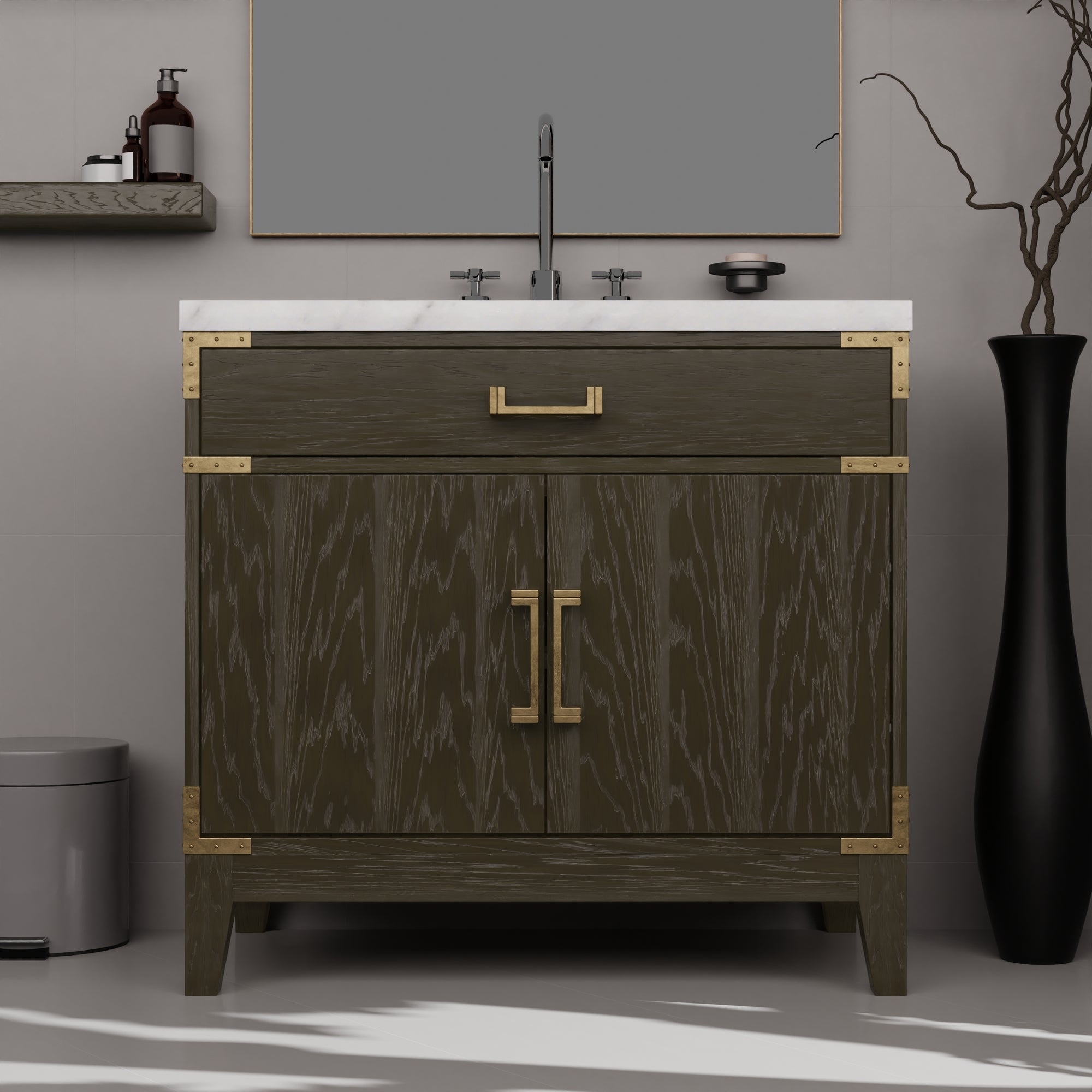 Brown Oak Single Bath Vanity 36 in. W x 22 in. D, with Carrara Marble Top
