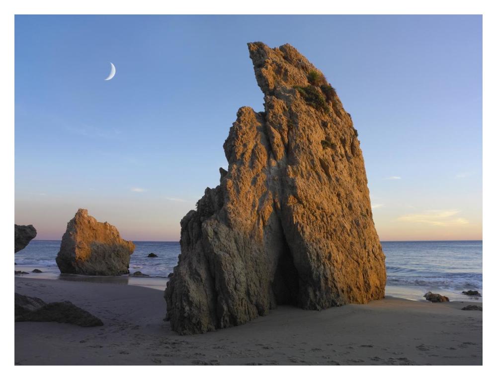 Crescent Moon Over El Matador Beach, Malibu, California-Paper Art-18X14