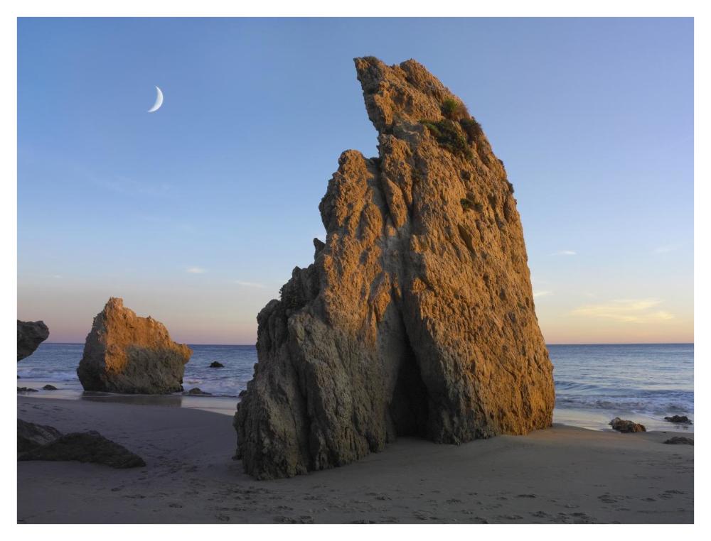 Crescent Moon Over El Matador Beach, Malibu, California-Paper Art-42X32