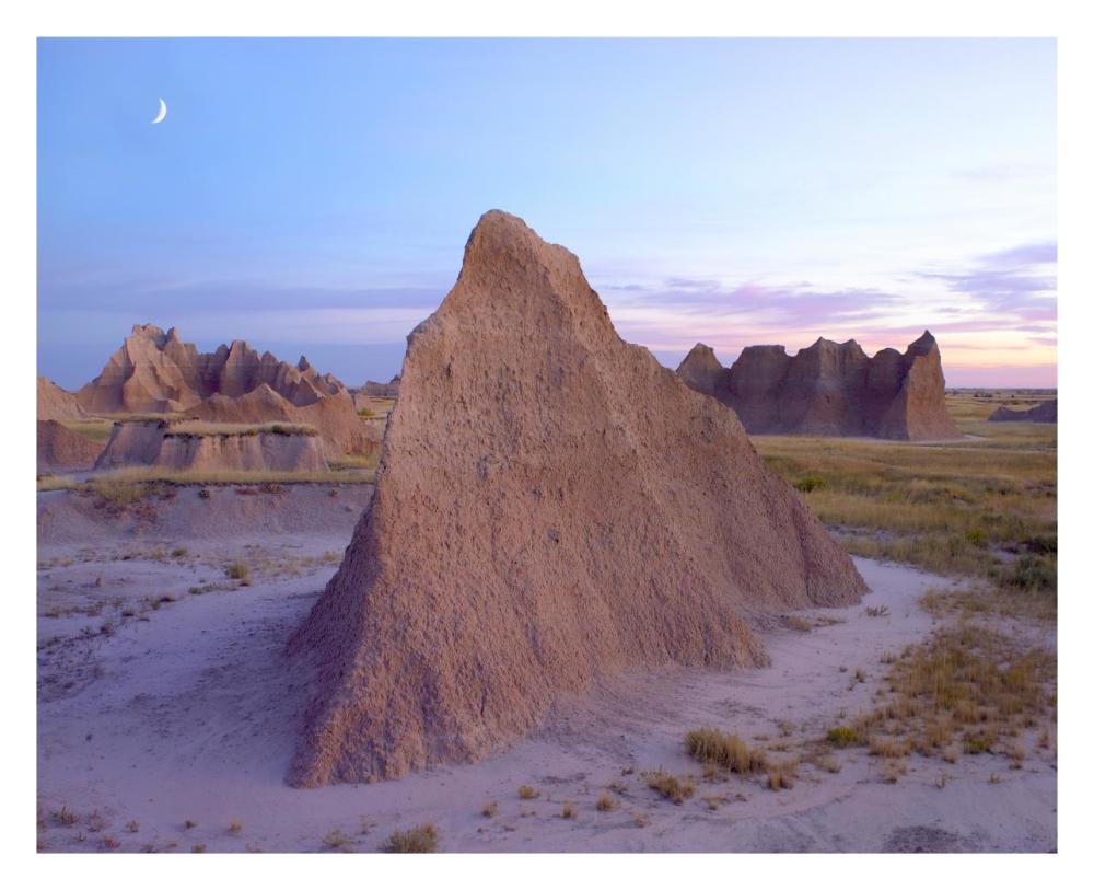 Crescent Moon Over Landscape Showing Erosional Features, Badlands National Park, South Dakota-Paper Art-30X24