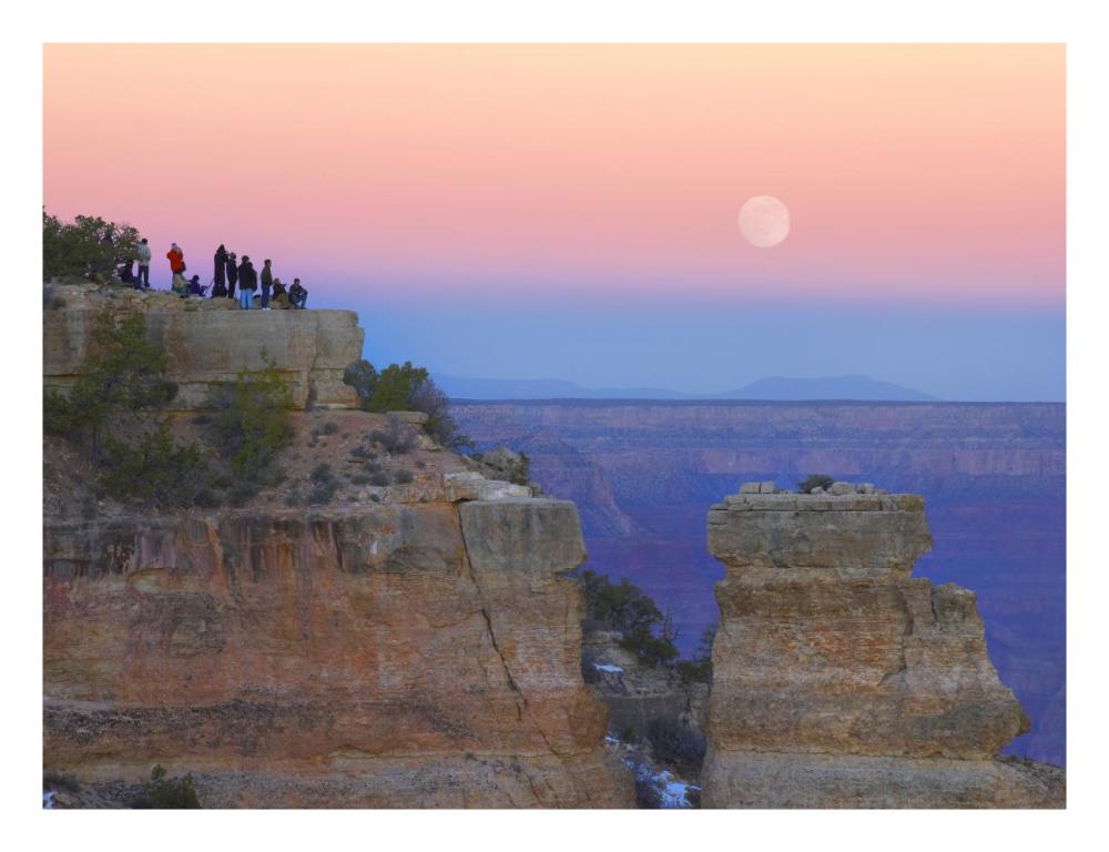 Tourists Enjoying Sunset And Rising Full Moon At Yaki Point, Grand Canyon National Park, Arizona-Paper Art-26X20