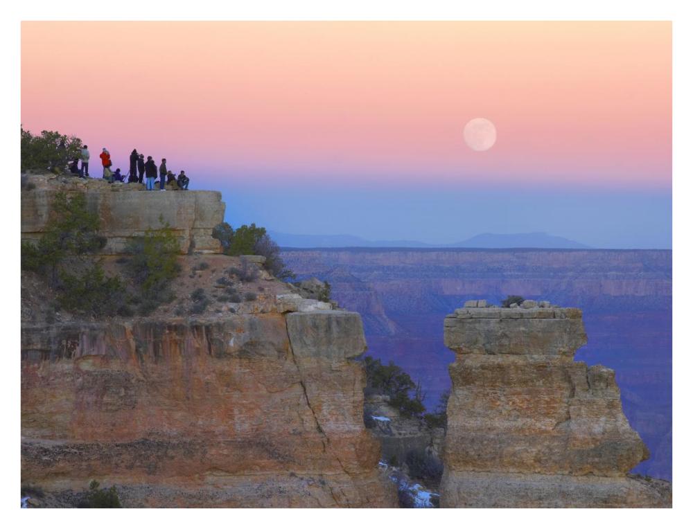 Tourists Enjoying Sunset And Rising Full Moon At Yaki Point, Grand Canyon National Park, Arizona-Paper Art-34X26