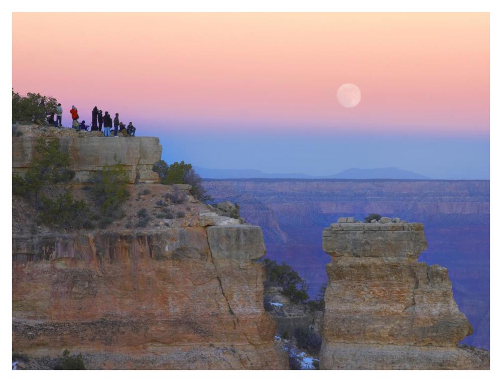 Tourists Enjoying Sunset And Rising Full Moon At Yaki Point, Grand Canyon National Park, Arizona-Paper Art-42X32