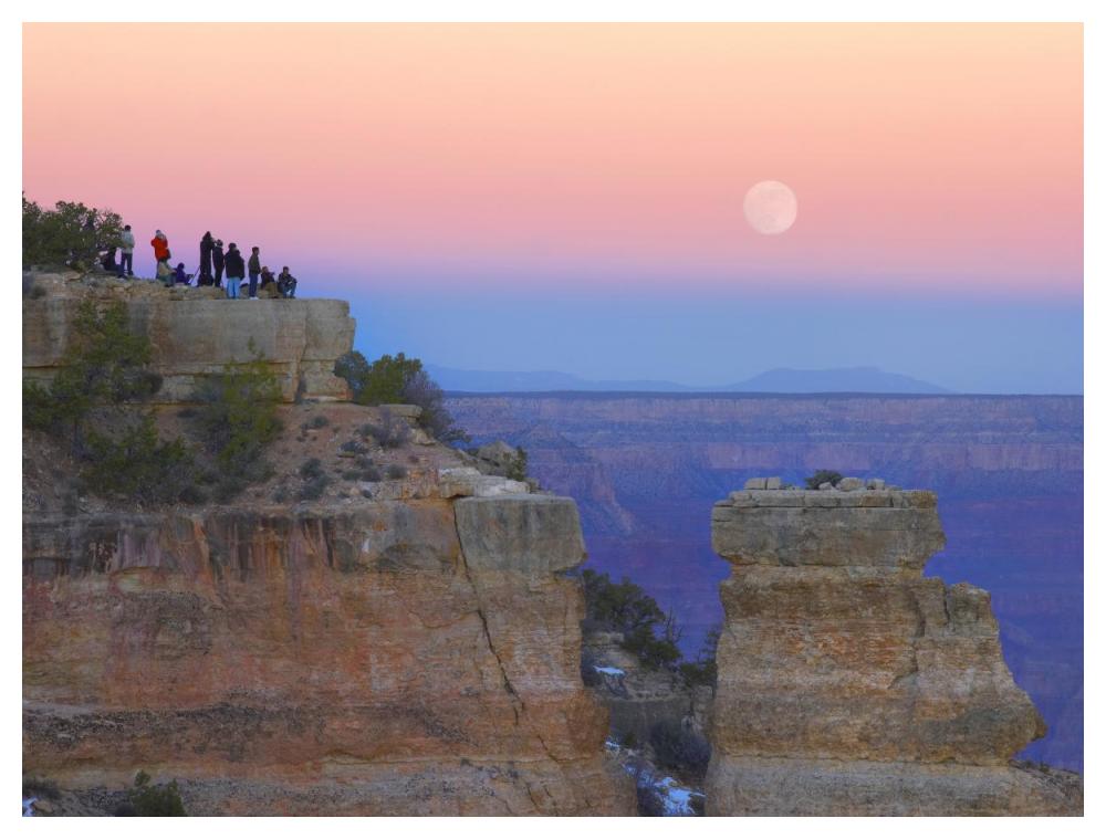 Tourists Enjoying Sunset And Rising Full Moon At Yaki Point, Grand Canyon National Park, Arizona-Paper Art-50X38