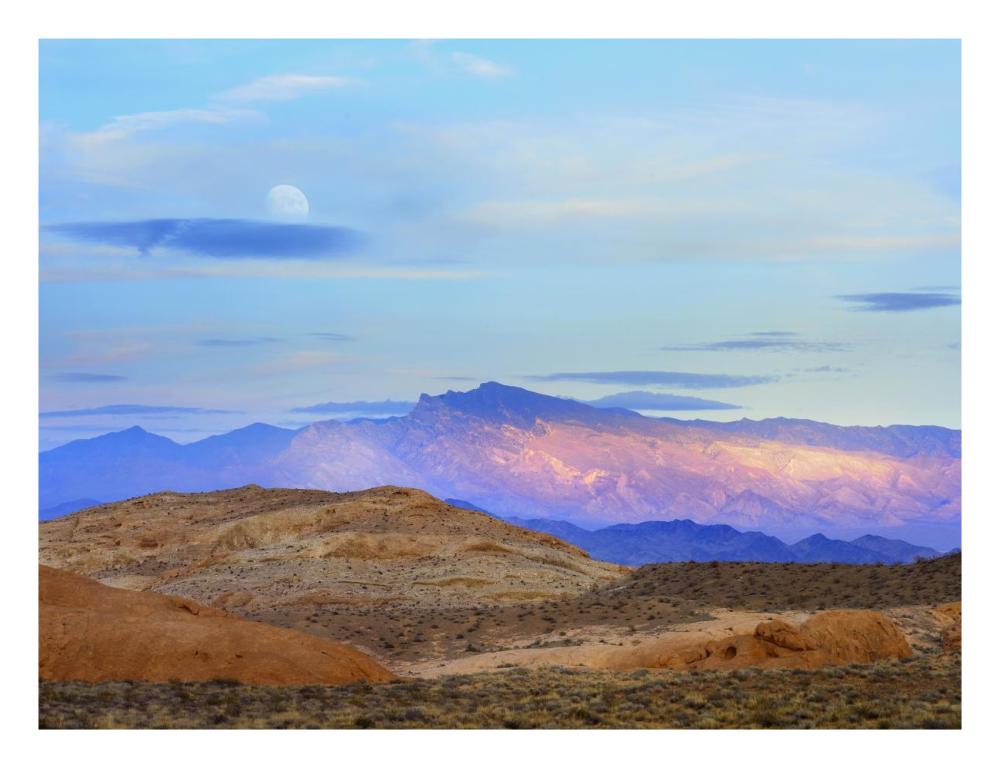 Sunset Lighting Up Mountains Under A Full Moon In Valley Of Fire State Park, Mojave Desert, Nevada-Paper Art-26X20