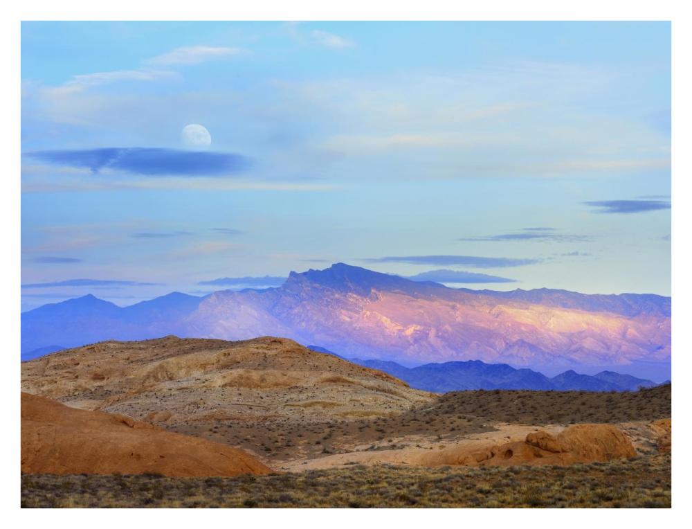 Sunset Lighting Up Mountains Under A Full Moon In Valley Of Fire State Park, Mojave Desert, Nevada-Paper Art-34X26
