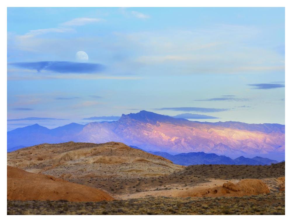 Sunset Lighting Up Mountains Under A Full Moon In Valley Of Fire State Park, Mojave Desert, Nevada-Paper Art-42X32