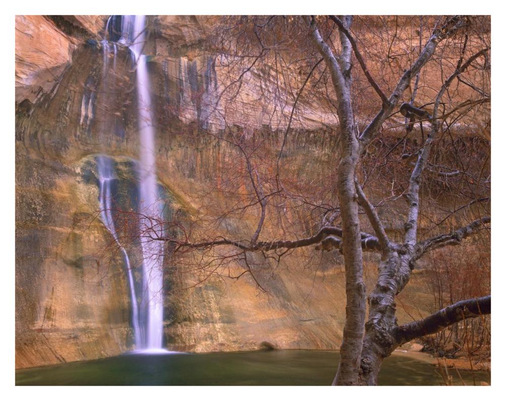 Calf Creek Falls Cascading Down Sandstone Cliff With Desert Varnish, Escalante National Monument, Utah-Paper Art-34X26