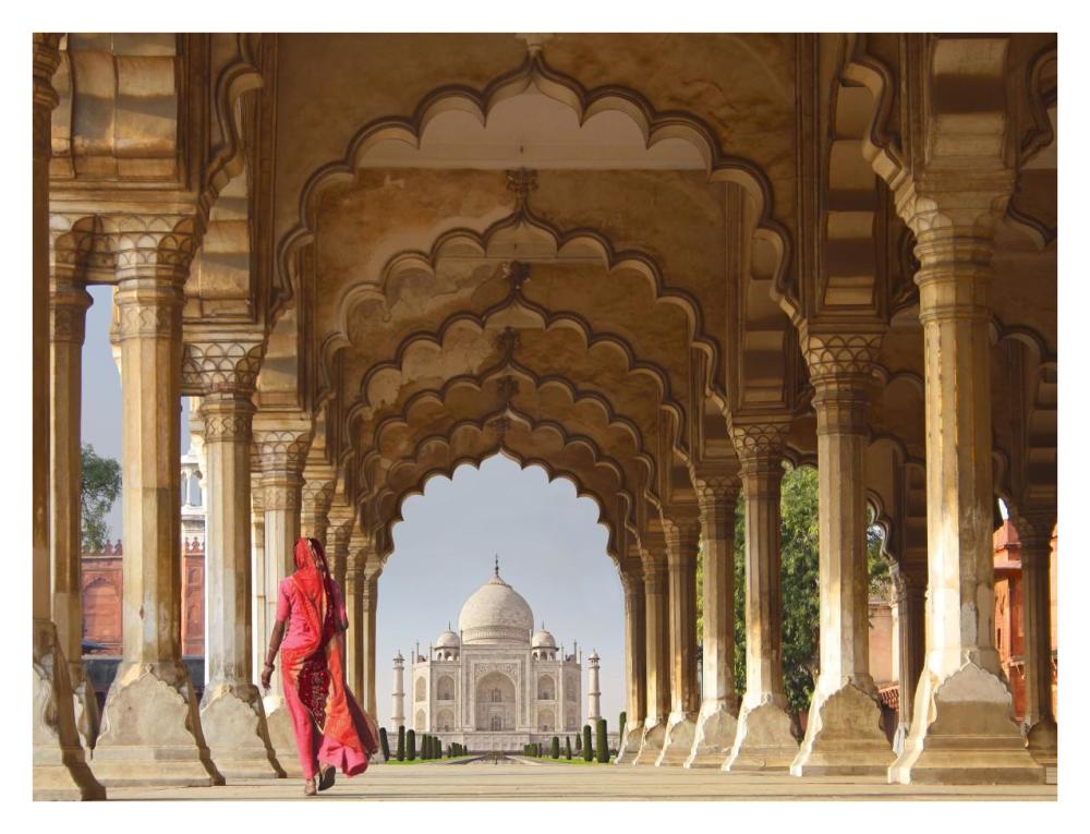 Woman In Traditional Sari Walking Towards Taj Mahal-Paper Art-34X26