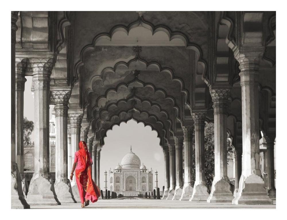 Woman In Traditional Sari Walking Towards Taj Mahal (Bw)-Paper Art-26X20