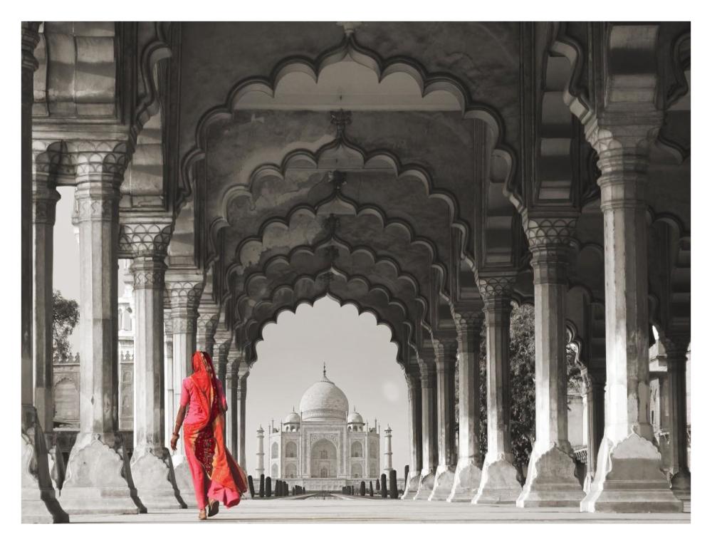 Woman In Traditional Sari Walking Towards Taj Mahal (Bw)-Paper Art-34X26