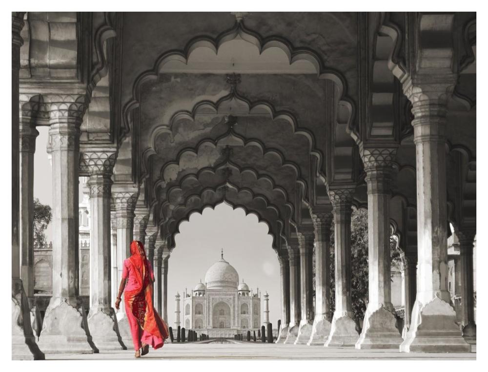 Woman In Traditional Sari Walking Towards Taj Mahal (Bw)-Paper Art-42X32