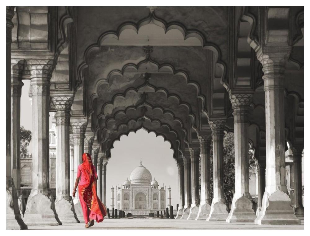 Woman In Traditional Sari Walking Towards Taj Mahal (Bw)-Paper Art-50X38