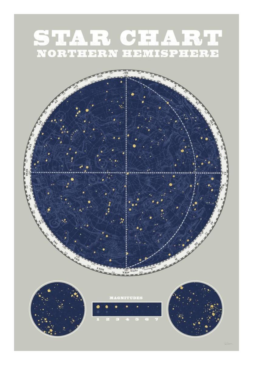 Northern Star Chart Blue Gray -Paper Art-18X26