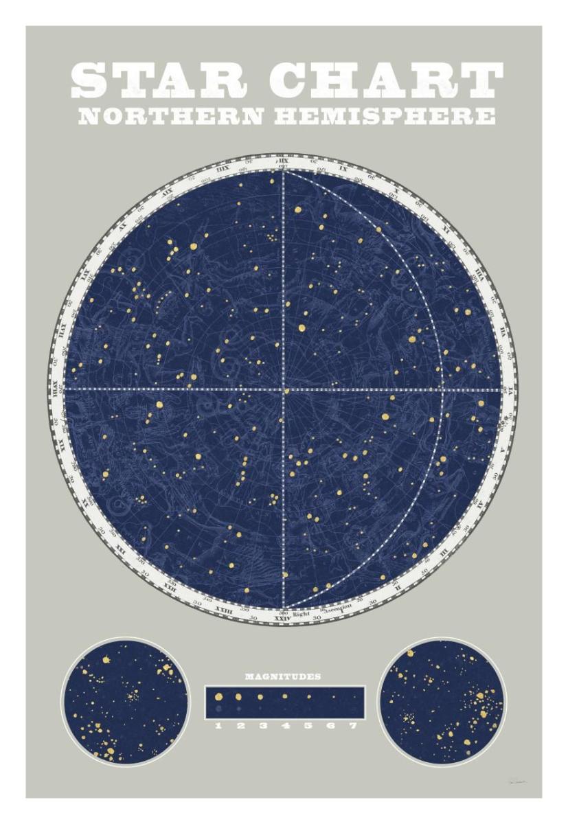 Northern Star Chart Blue Gray -Paper Art-22X32