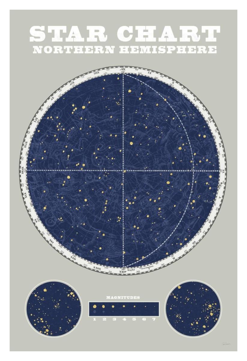Northern Star Chart Blue Gray -Paper Art-26X38